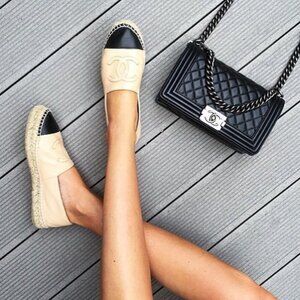 CHANEL CC Beige Black Lambskin Leather Espadrilles